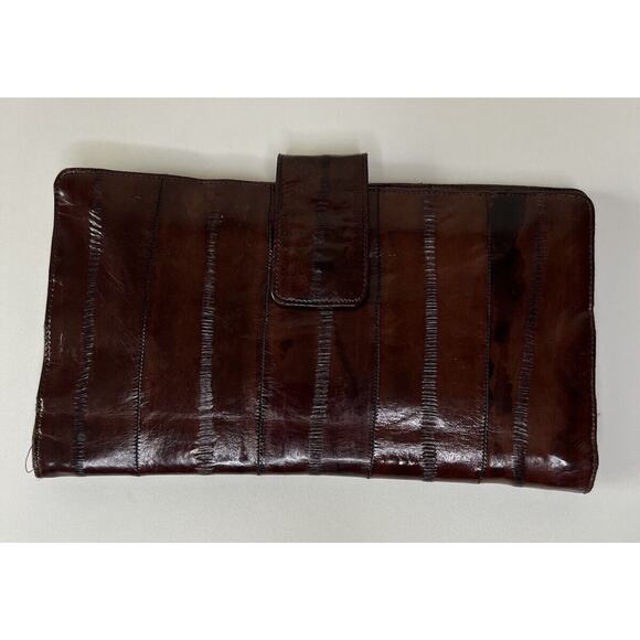 Unbranded Handbags - Vintage EelSkin Credit Card Wallet Brown Leather Magnet Snap Utility Large